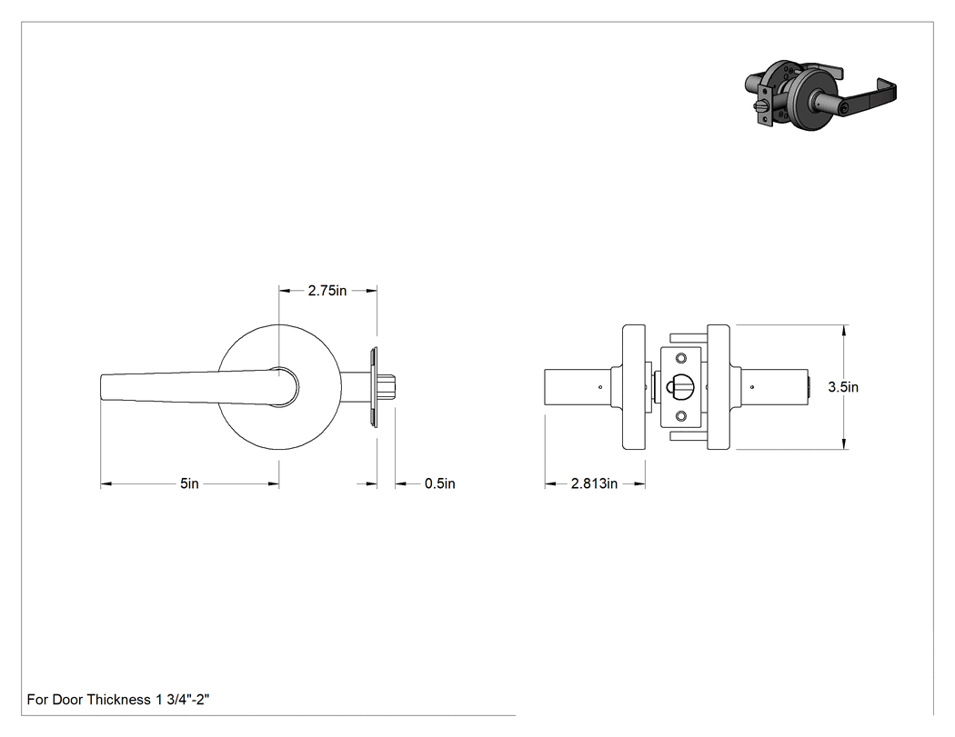 Teknik Çizim - Corbin Russwin CL3300 Yoğun Trafik Kapı Kolu, D1 Kama Kanalı, Anahtar Kilitli, 2-3/4" Geri Çekme Mesafesi
