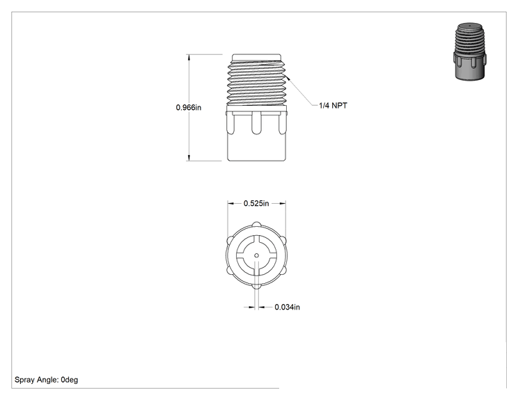 Teknik Çizim - Katı Akışlı Püskürtme Memesi, PVDF Plastik, 1/4 NPT Erkek, 0.1 gpm @ 10 PSI