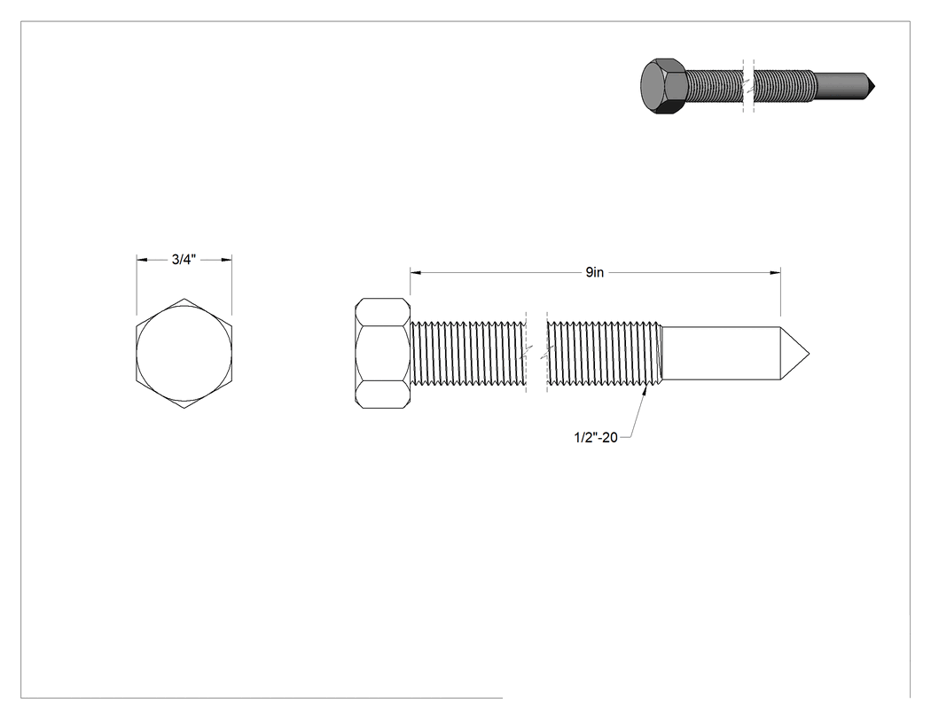 Teknik Çizim - Çekici için 1/2"-20 Diş Boyutu Zorlama Vidası