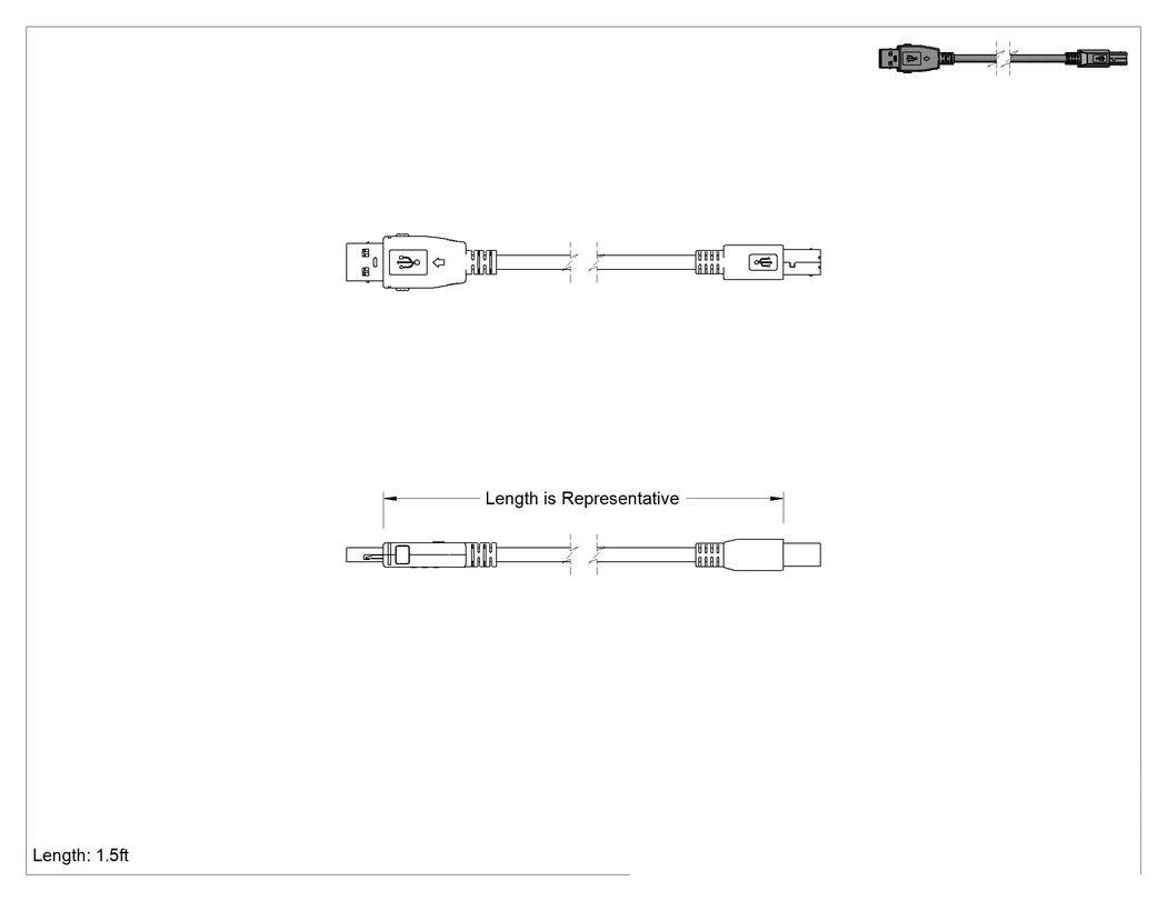 Teknik Çizim - Kilitli USB Kablosu, A Fiş x B Fiş, 1-1/2 Fit Uzunluk
