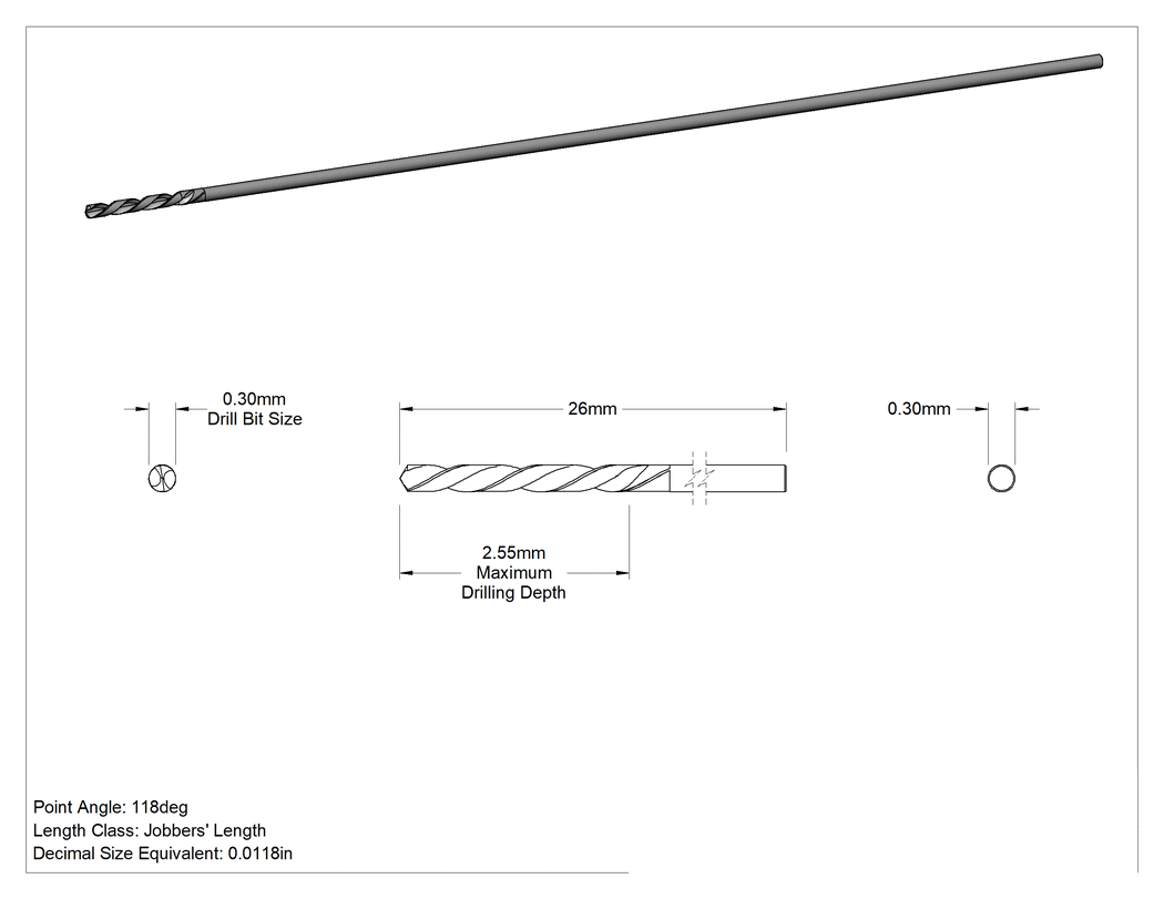 Teknik Çizim - Karbür Matkap Uçları, 0.30 mm Boyut, 26 mm Toplam Uzunluk