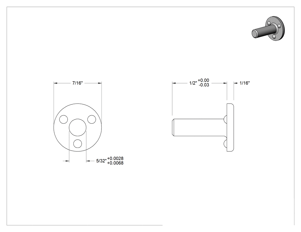 Teknik Çizim - Kaynak Pimleri, Delikli Montaj, 5/32" Çap, 1/2" Uzunluk, 18-8 Paslanmaz Çelik