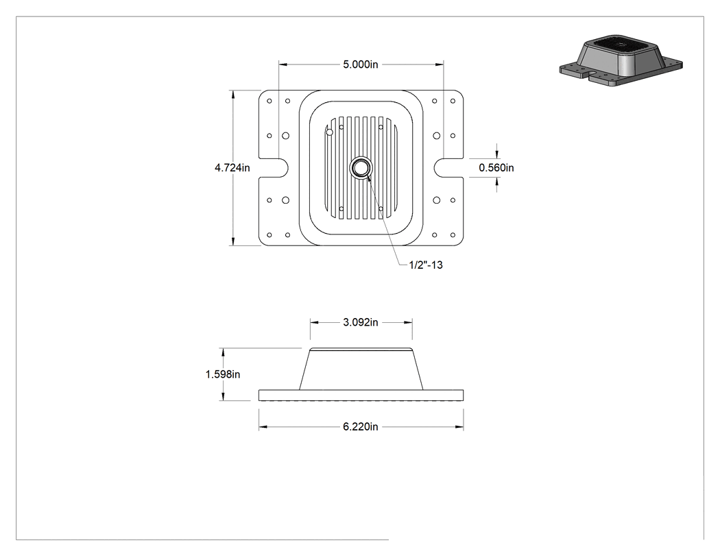 Teknik Çizim - Neopren Titreşim Sönümleyici Cıvatalı Montaj, Çelik Tabanlı, Kırmızı, 1/2"-13, 2250 lb Kapasite, 1.63" Yükseklik