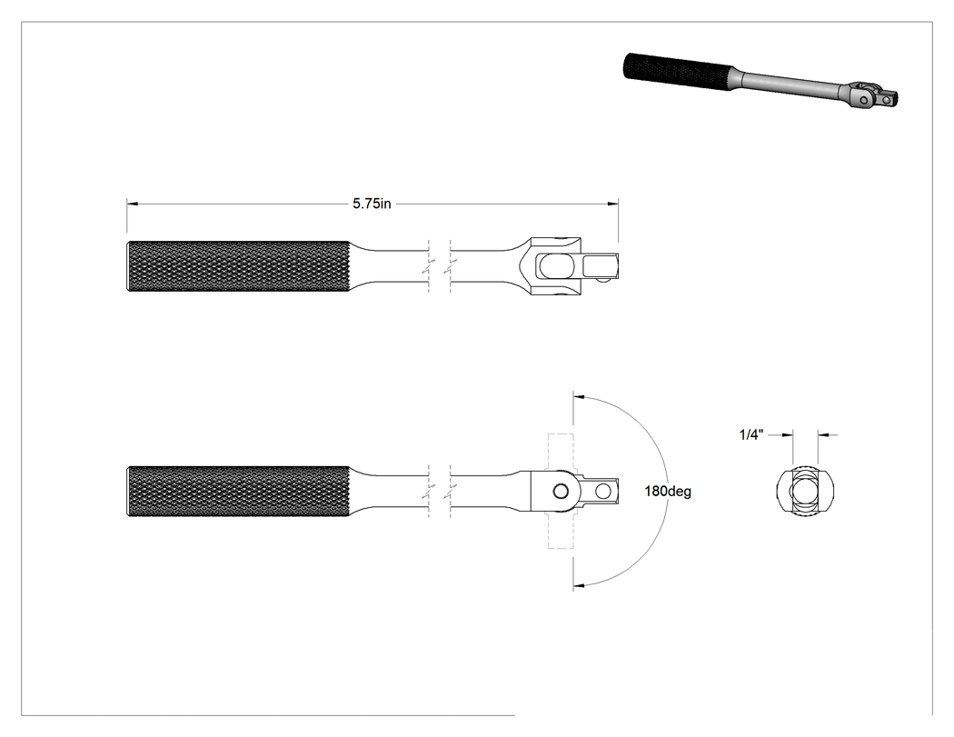 Teknik Çizim - Esnek Başlıklı Anahtar Sapı, 1/4" Kare Tahrik, 5-3/4" Uzunluk