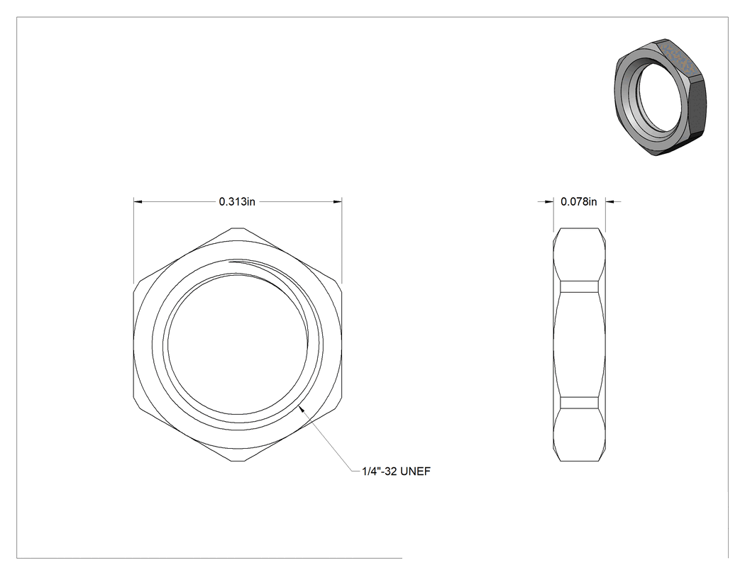 Teknik Çizim - Altıgen Panel Somunu, Çinko Kaplı Çelik, 1/4"-32 UNEF, 5/16" Genişlik