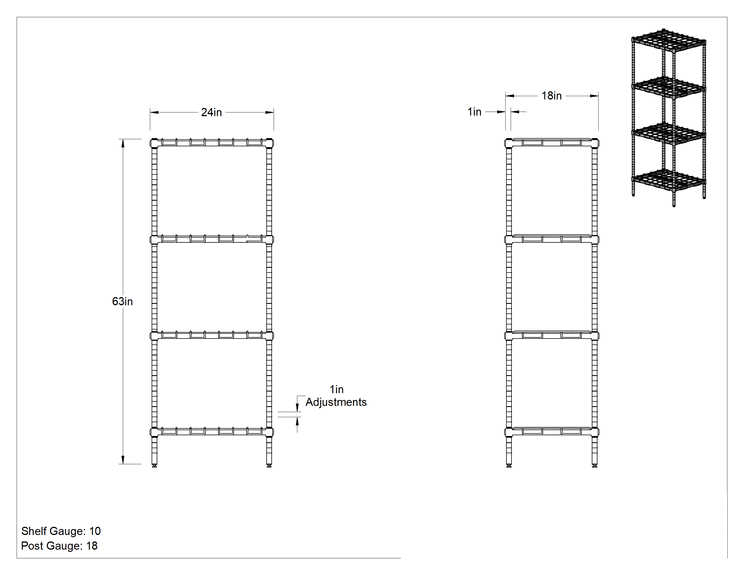 Teknik Çizim - Ekstra Ağır Hizmet Tipi Tel Raf, 4 Raflı, 24 inç Genişlik x 63 inç Yükseklik x 18 inç Derinlik