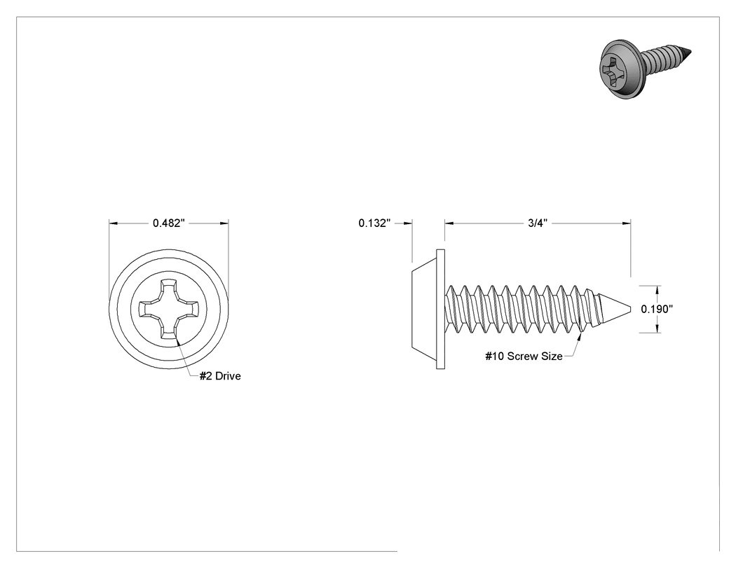 Teknik Çizim - Phillips Flanşlı Ekstra Geniş Yuvarlak Başlı Vidalar, Metal için, Siyah Paslanma ve Aşınmaya Dayanıklı Çelik, 10 numara, 3/4" Uzunluk