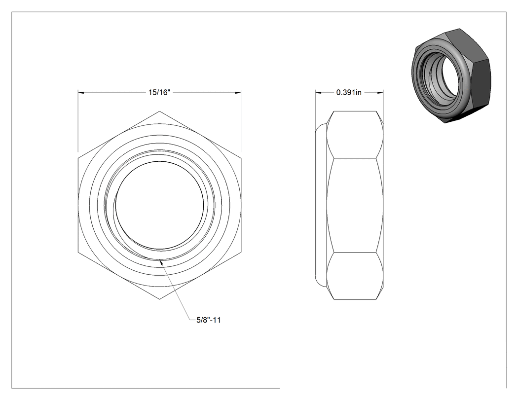 Teknik Çizim - Orta Mukavemetli Çelik Naylon Ekli Kilit Somunu, İnce Profil, Sınıf 5, Çinko Kaplamalı, 5/8"-11 Diş Boyutu