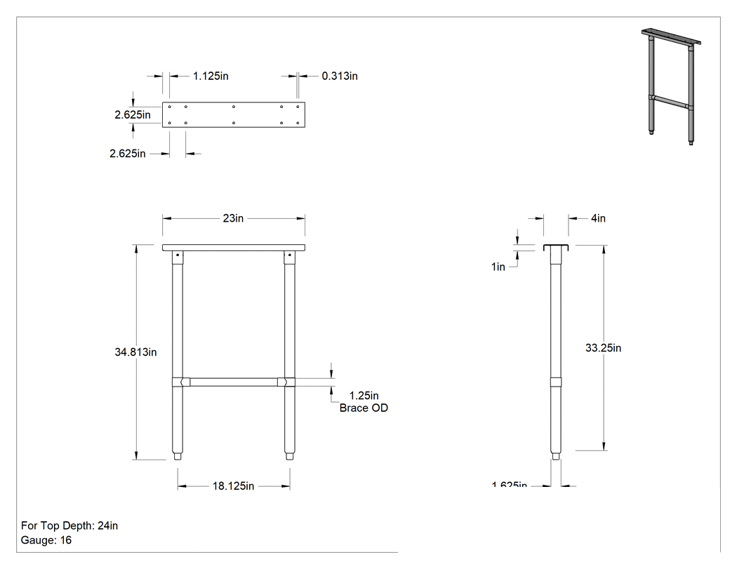 Teknik Çizim - Paslanmaz Çelik Tezgah Ayağı, Sabit, 24" Üst Derinlik için