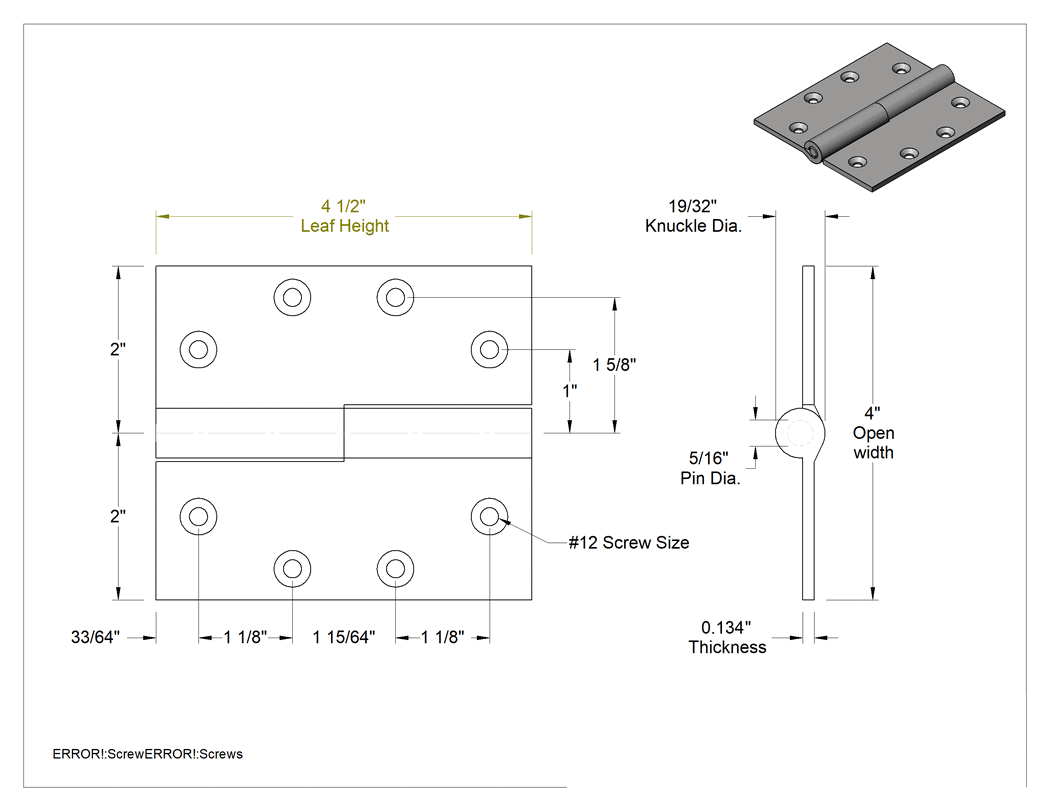 Teknik Çizim - Kaldırmalı Giriş Kapısı Menteşesi, Astarlı Çelik, 4-1/2" x 2" Kapı Kanadı, Sol Yan Kapı Montajı