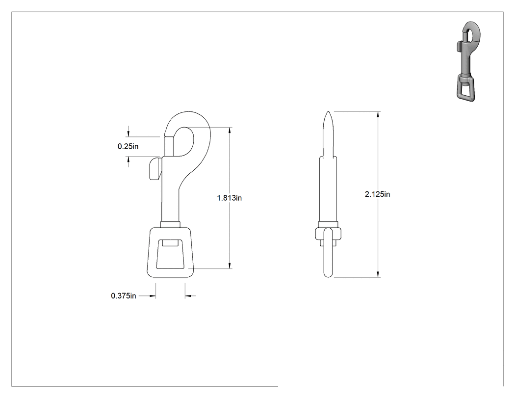 Teknik Çizim - Düz Döner Gözlü Kaydırmalı Cıvata Karabina, Nikel Kaplı Çinko, 1/4" Açıklık Genişliği, 1-13/16" Kullanılabilir Uzunluk