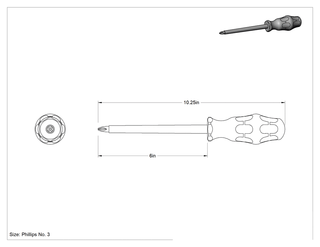 Teknik Çizim - Elektrik Yalıtımlı Tornavida, 3 Numaralı Phillips, 6" Uzunluk x 3/8" Genişlik Mil