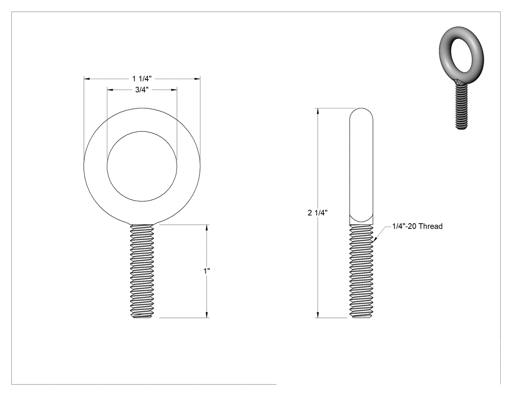 Teknik Çizim - Düşük Görünürlüklü Halka Cıvata, Kaldırma Omuzlu Olmayan, 1/4"-20 Diş Boyutu, 1" Diş Uzunluğu