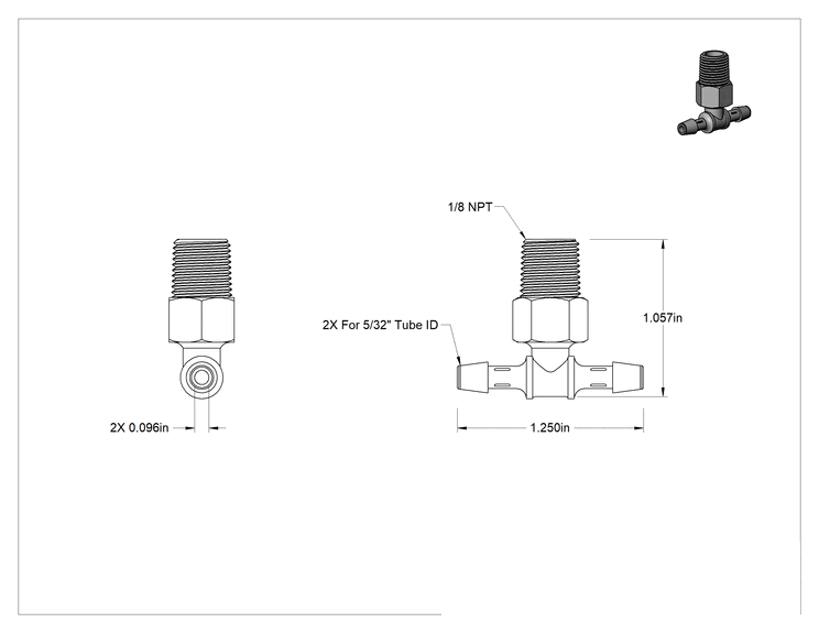 Teknik Çizim - Kimyasallarla Kullanım için Tırnaklı Bağlantı Parçası, T, 5/32" boru iç çapı x 1/8 NPT erkek için, 150°F Maksimum
