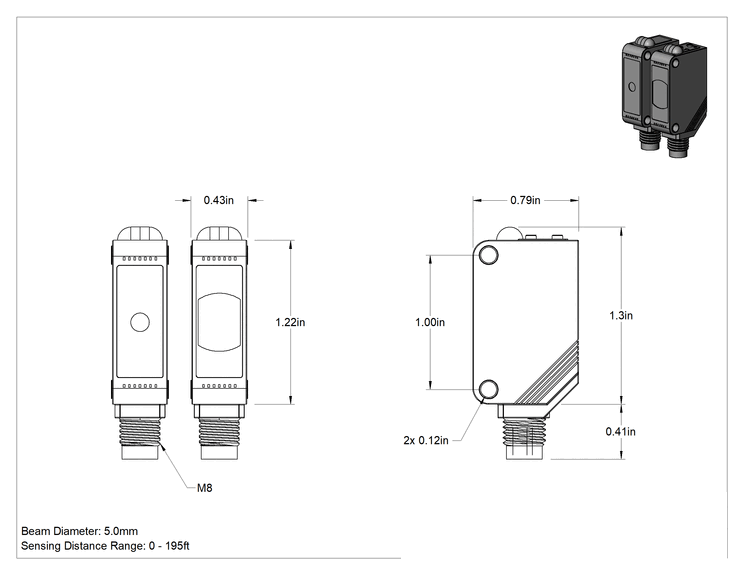 Teknik Çizim - Hassas Fotoelektrik Anahtar, 4 kutuplu Nano M8 fişli, Ayarlanabilir Alıcı, PNP Çıkışı
