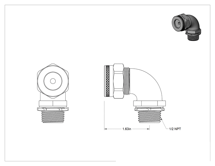 Teknik Çizim - 90 Derece Dirsek Alüminyum Dalgıç Kablo Tutucu, 0.125" ila 0.188" Kablo Dış Çapı için, 1/2 Delik Açma için