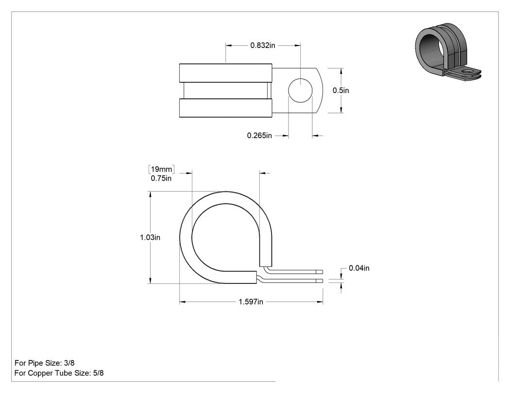 Teknik Çizim - Titreşim Sönümleyici Halka Kelepçe, Galvanizli Çelik, EPDM Yastık, 3/4" İç Çap, 1-5/8 inç Uzunluk