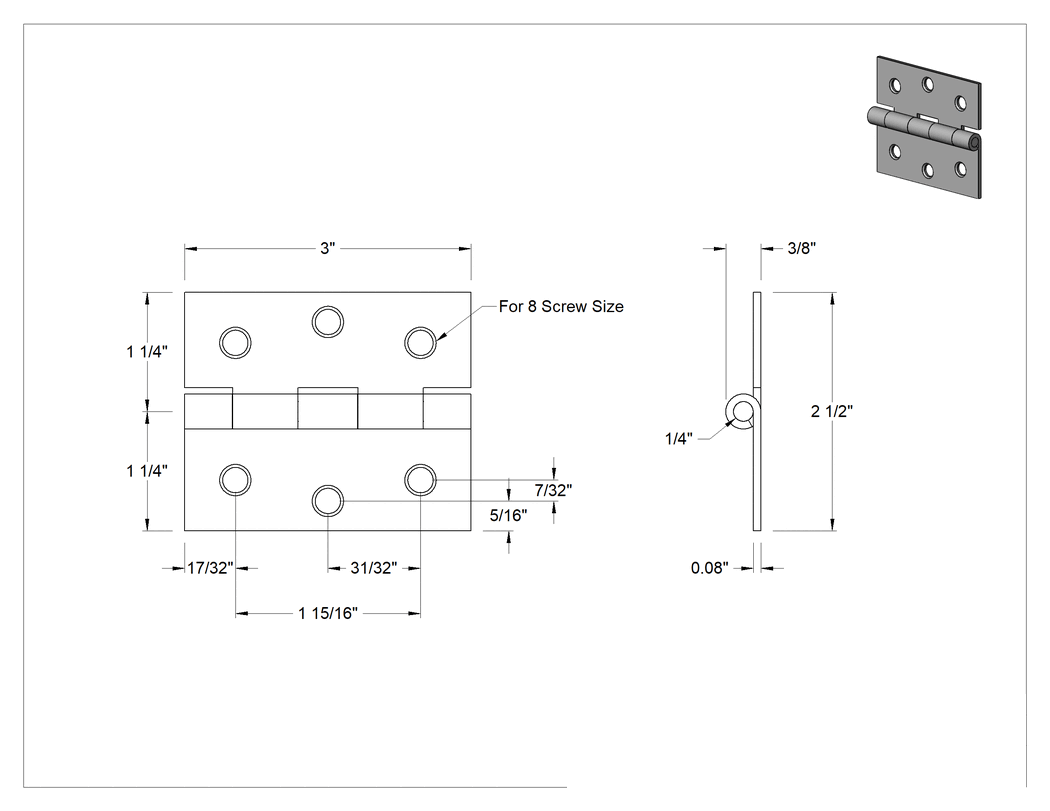 Teknik Çizim - Delikli Yüzeye Montaj Menteşesi, Galvanizli Çelik, Çıkarılabilir Pim, 3" x 1-1/4" Kapı Kanadı