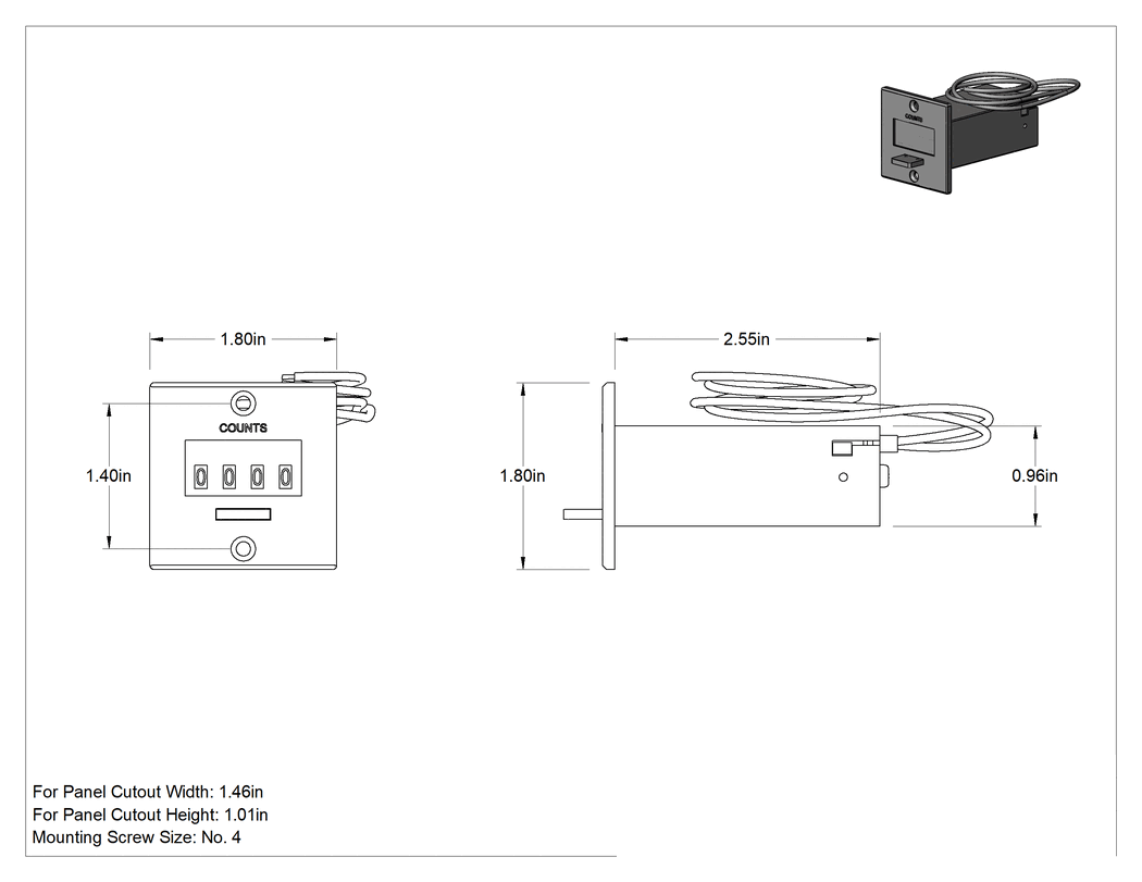 Teknik Çizim - Elektrikle Çalışan Sayaç, Vida ile Sabitleme, Tel Uçları, 1" yüksekliğinde x 1.4" genişliğinde panel kesiti için