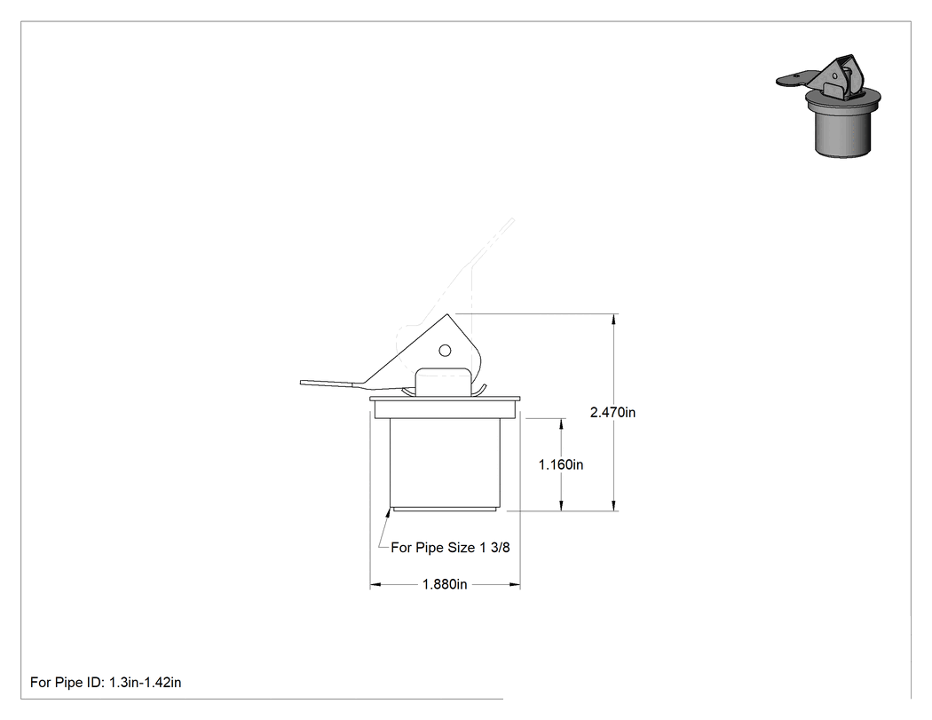 Teknik Çizim - Hızlı Takılan Genleşme Tapası, Çinko Kaplı Çelik Plakalı, 1.30" ila 1.42" Boru İç Çapı için