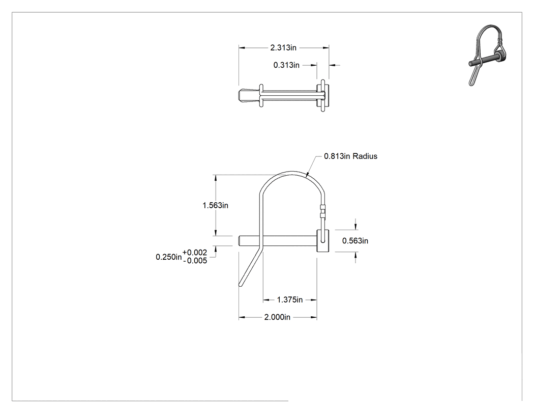 Teknik Çizim - Tel Tutuculu Çatal Pimi, Yuvarlak, Halkalı ve Tırnaklı, 1/4" Çap, 1-3/8" Kullanılabilir Uzunluk