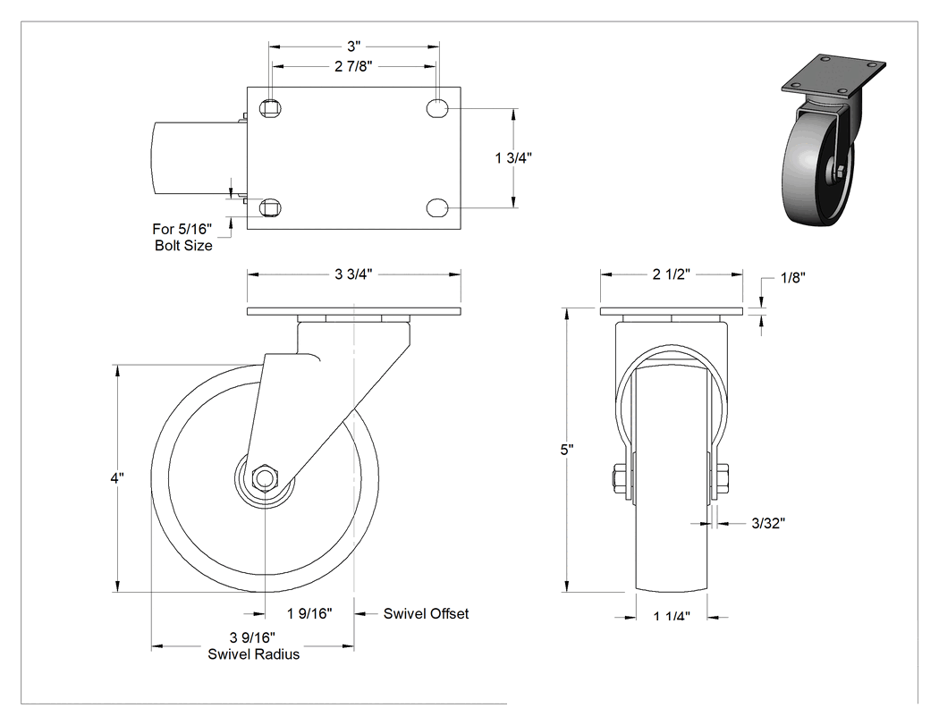 Teknik Çizim - Statik Kontrol Plakalı Tekerlek, 4" Çaplı x 1-1/4" Genişliğinde Siyah Katı Kauçuk Tekerlekli Döner Tekerlek