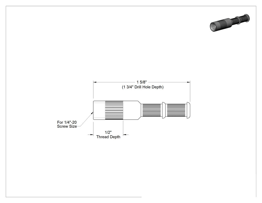 Teknik Çizim - Beton için Yüksek Mukavemetli Ankraj, Beton için, 316 Paslanmaz Çelik, 1/4"-20 Diş