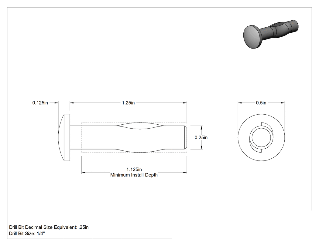 Teknik Çizim - Beton için Tahrik Perçin Ankrajları, Çelik, 1/4" Çap, 1-1/4" Uzunluk