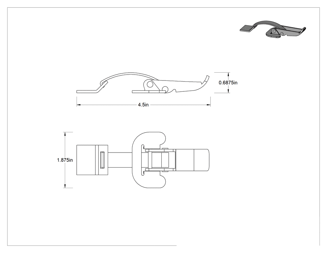 Teknik Çizim - Çekme Mandalı, Kaynaklı, Çinko Kaplı Çelik, 4-1/2" Uzunluk x 1-7/8" Genişlik