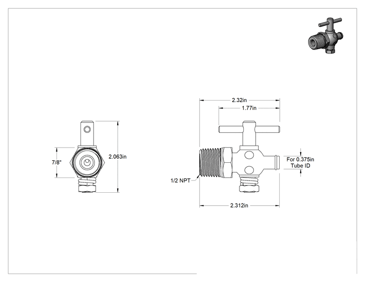 Teknik Çizim - 316 Paslanmaz Çelik Gövdeli Açma/Kapama Vanası, 1/2 NPT Erkek x 3/8" İç Çaplı Boru için Tırnaklı Bağlantı Parçası