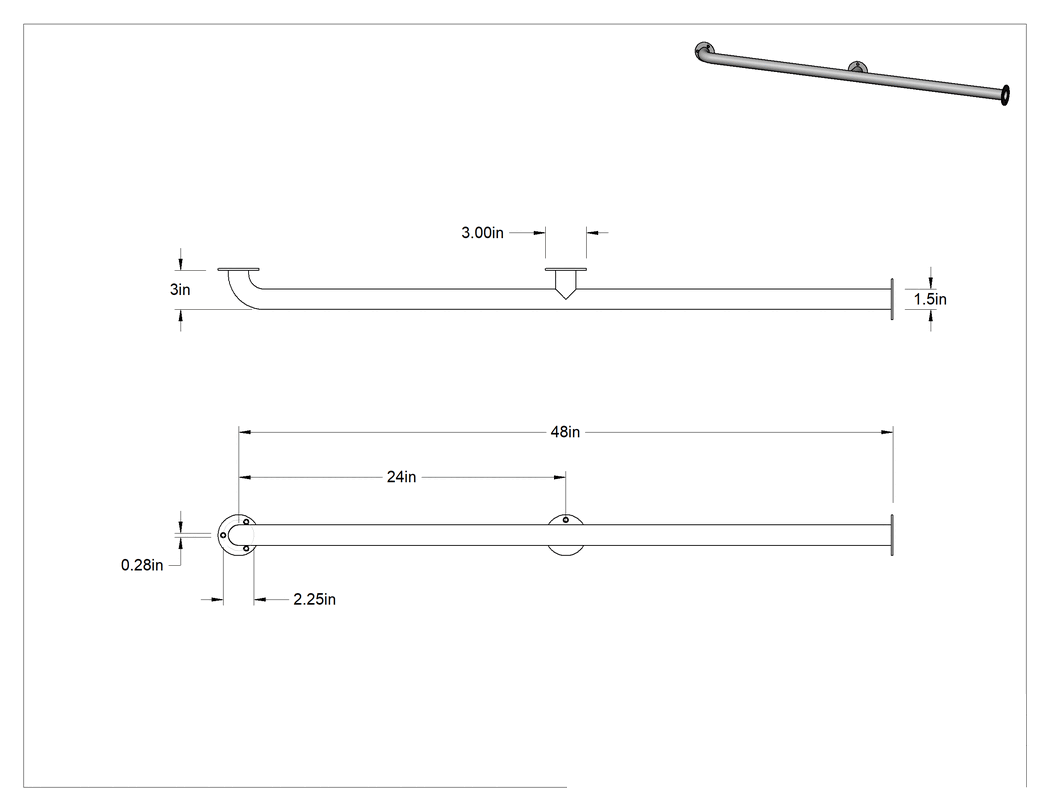 Teknik Çizim - Pürüzsüz Bölme Tutunma Çubuğu, 1-1/2" Çap, 48 inç Uzunluk