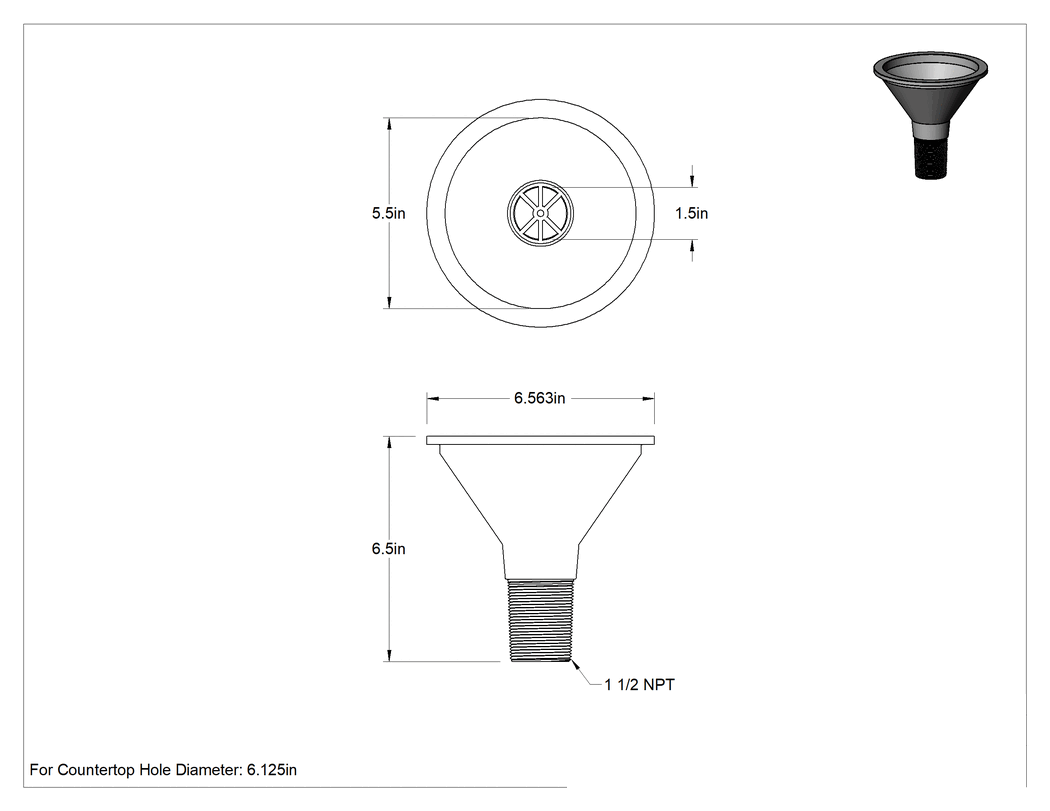 Teknik Çizim - Minyatür Tezgah Üstü Evye, Polietilen, 6-9/16" Çap x 6-1/2" Toplam Yükseklik