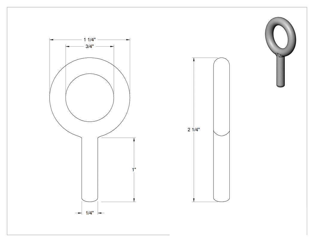 Teknik Çizim - Dişsiz Çelik Yönlendirme Halka Cıvatası, Omuz Yok - Kaldırma İçin Değil, 1/4" Çap x 1" Uzunlukta Şaft