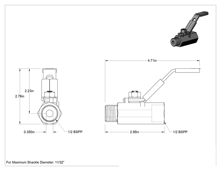 Teknik Çizim - Dişli Açma/Kapama Vanası, 316 Paslanmaz Çelik, Kilitlenebilir Kol, 1/2 BSPP Dişi x BSPP Erkek