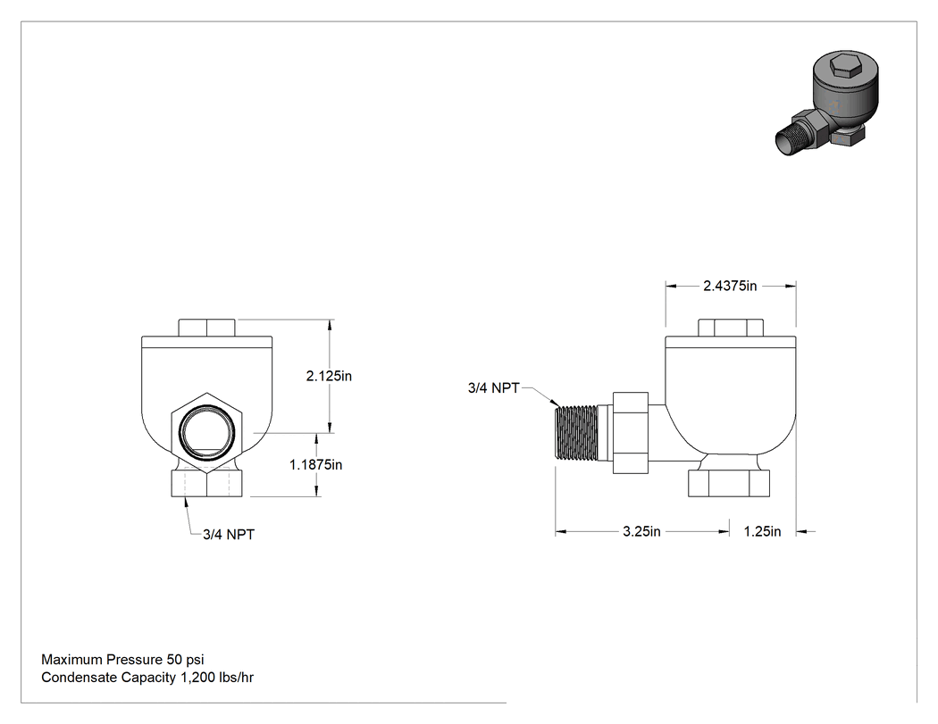 Teknik Çizim - Bronz Buhar Kapanı, 3/4 NPT Erkek x Dişi, 50 Maksimum PSI
