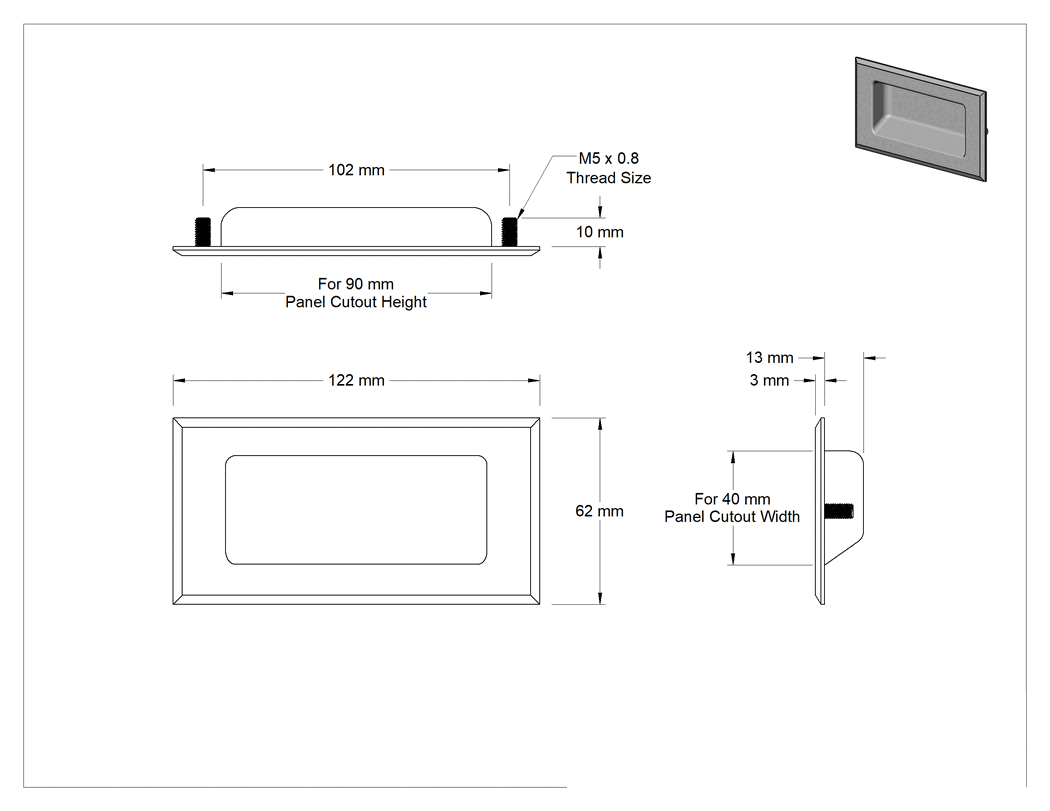 Teknik Çizim - Gömme Çekme Kolu, Mat 304 Paslanmaz Çelik, 122 mm Yükseklik, 62 mm Genişlik