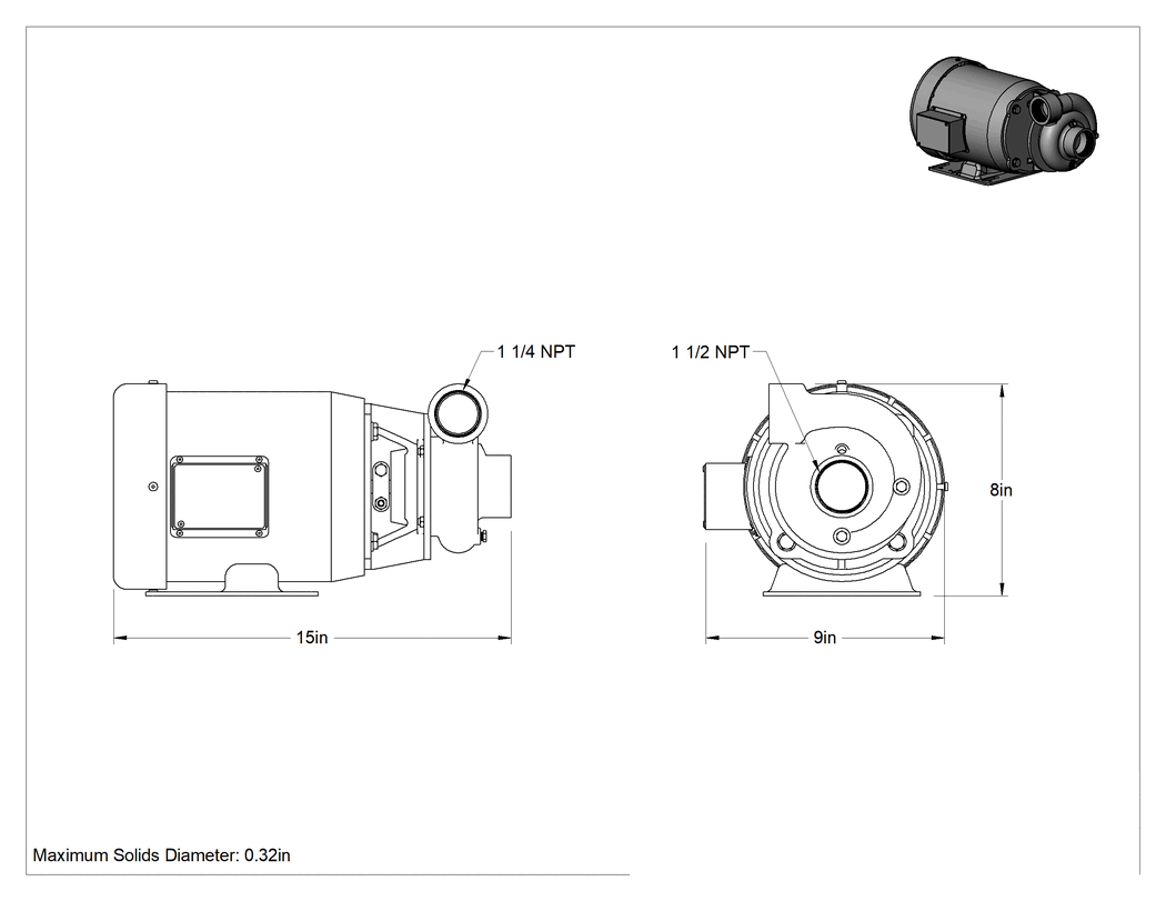 Teknik Çizim - Yüksek Verimli Sirkülasyon Pompası, Su için, Soğutma Sıvıları ve Yağ, 208-240/460V AC, 1 hp