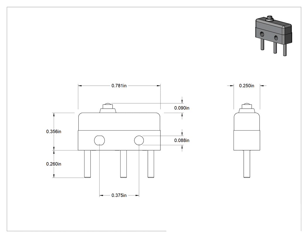 Teknik Çizim - Hafif Dokunmalı Mikro Ani Hareketli Anahtar, Pistonlu Aktüatör, Lehim Pimleri, 1A @ 125V AC/30V DC