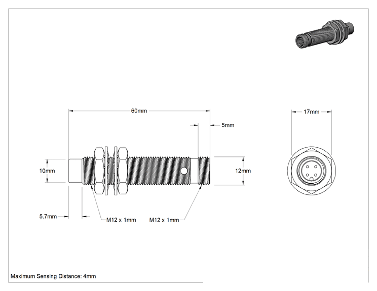 Teknik Çizim - Metalik Nesne Yakınlık Anahtarı, DC, Pirinç, 4 Kutuplu Fişli Çıkıntılı, 12 mm Çap, NPN