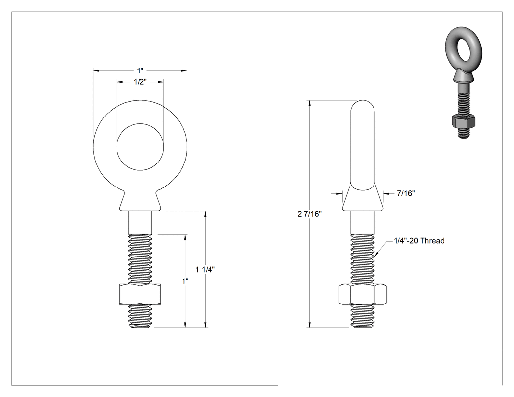 Teknik Çizim - Somunlu 316 Paslanmaz Çelik Halka Cıvata, ve Kaldırma Omuzlu, 1/4"-20 Diş Boyutu, 1" Uzunluk Diş