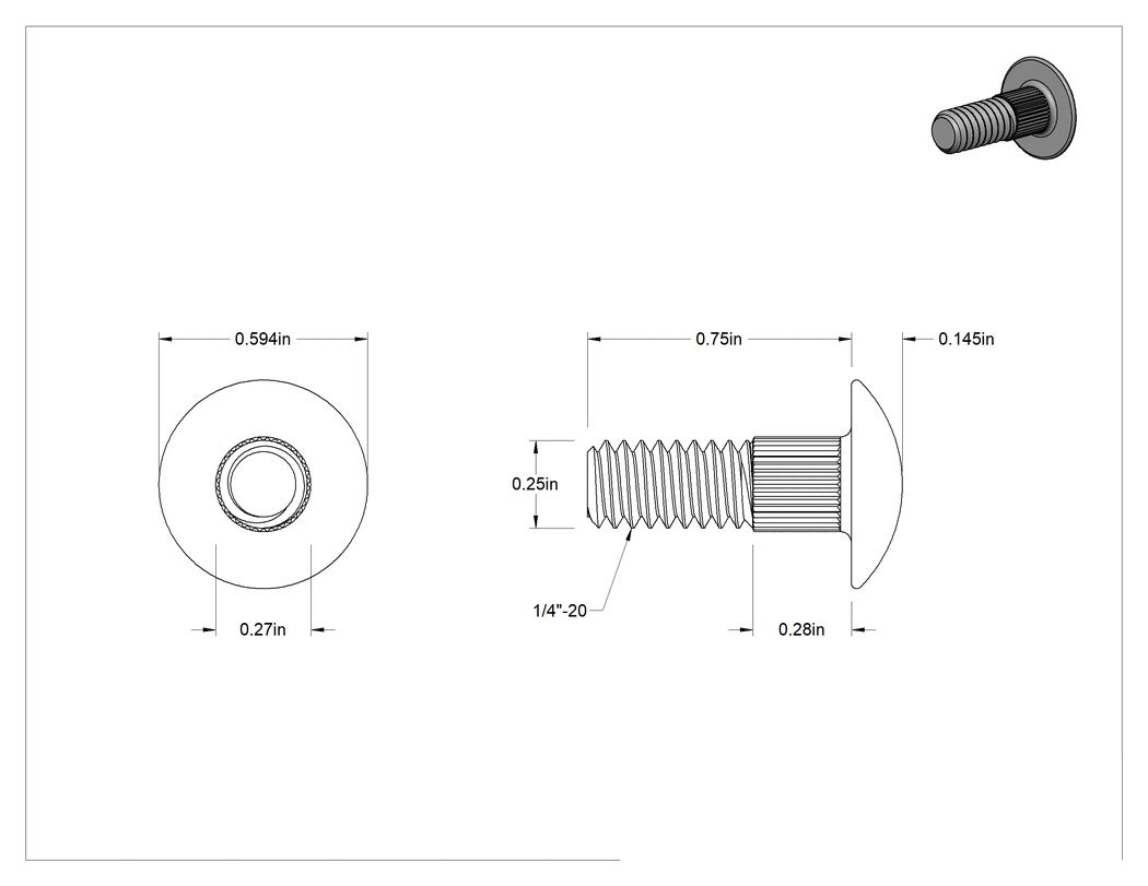 Teknik Çizim - Çelik Tırtıllı Boyunlu Taşıma Cıvataları, Düşük Mukavemetli, Sınıf 2, 1/4"-20 Diş Boyutu, 3/4" Uzunluk
