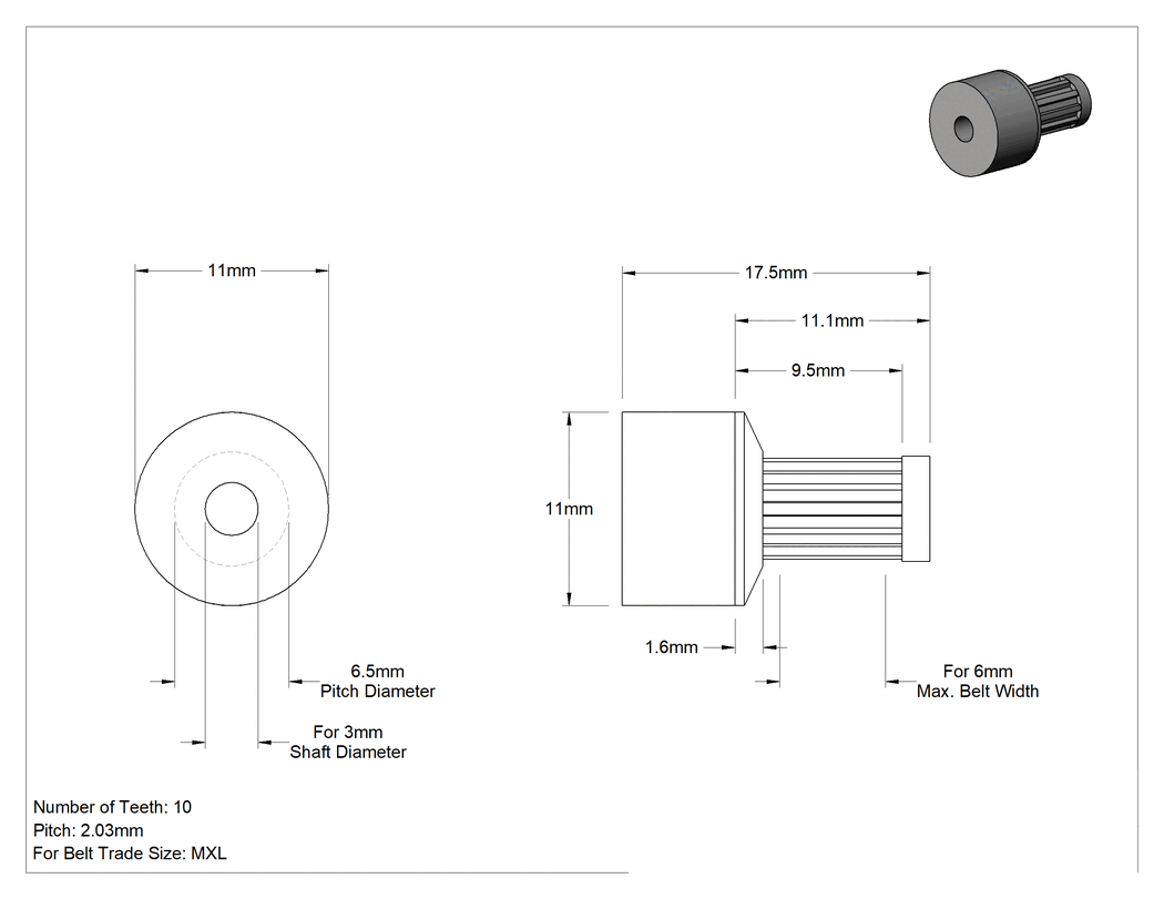 Teknik Çizim - MXL Serisi Hafif Triger Kayışı Kasnağı, 6 mm Maksimum Kayış Genişliği, 11mm Dış Çap, 17.5 mm Toplam Genişlik, 1 Flanş