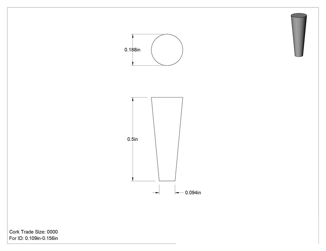 Teknik Çizim - Mantar Konik Tapalar, Anma Ölçüsü 0000, 7/64" ila 5/32" İç Çap için