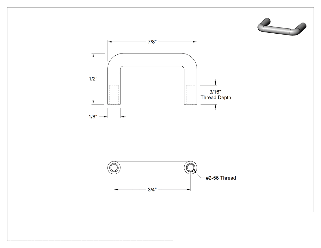 Teknik Çizim - Dişli Delik Montajlı Yuvarlak Çekme Kolu, Minyatür, Siyah Eloksallı Alüminyum, 3/4" Merkezden Merkeze Genişlik