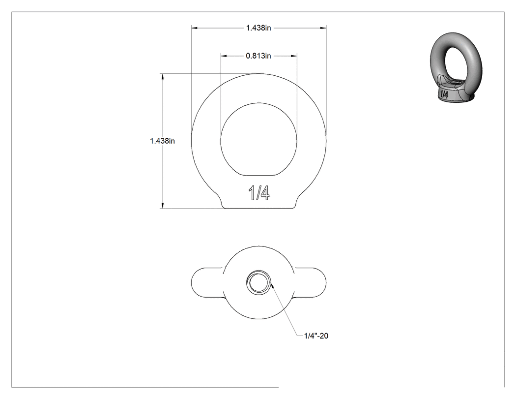 Teknik Çizim - Çinko Kaplı Çelik Yuvarlak Halkalı Somun - Kaldırma için, 1/4"-20 Diş Boyutu