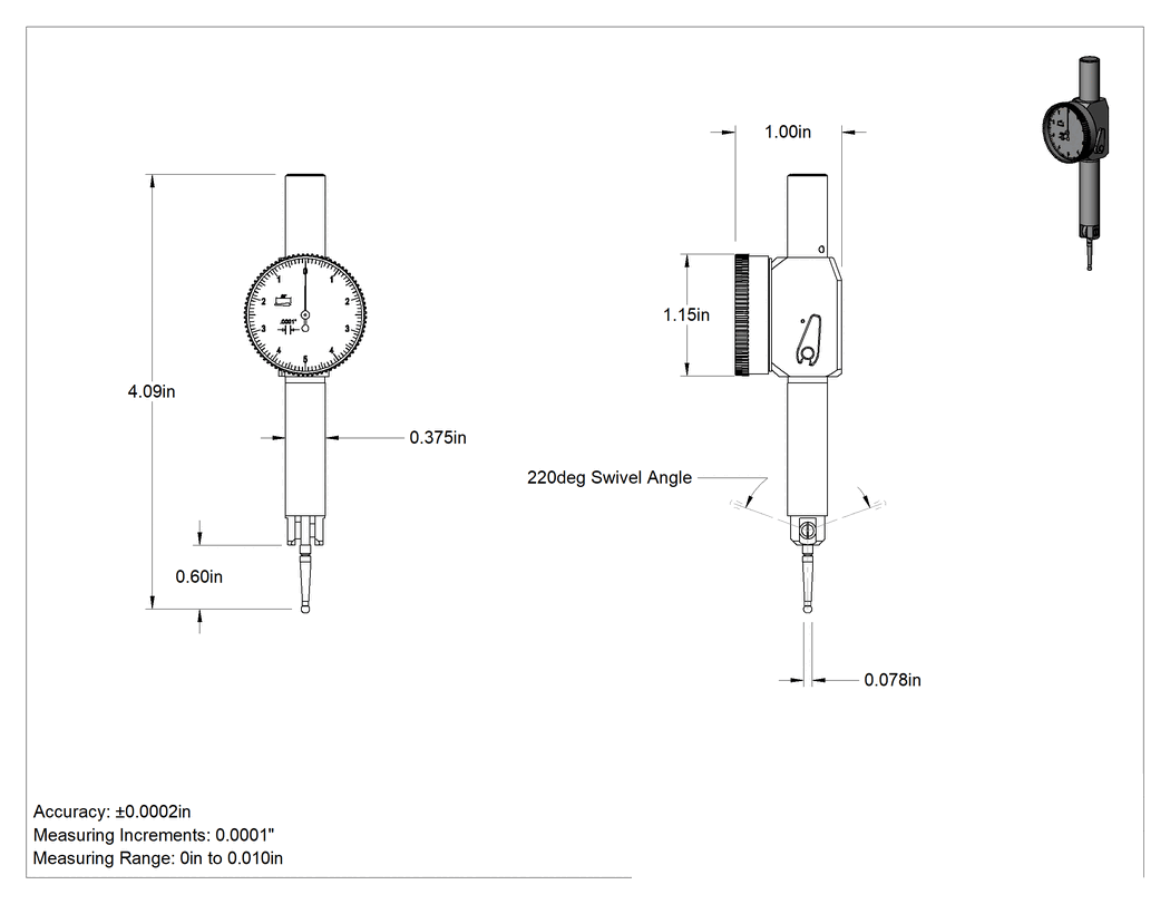 Teknik Çizim - Kompakt Kadranlı Kolu Komparatör, 0" ila 0.01" Ölçülen Mesafe