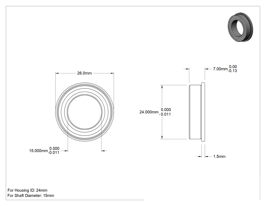 Teknik Çizim - Flanşlı Bilyalı Rulman, Çelik Halka, Ekranlı, 15 mm Mil Çapı, 26 mm Gövde İç Çapı