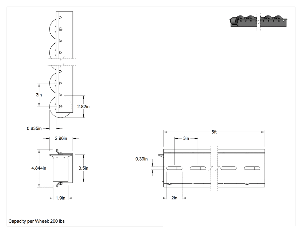 Teknik Çizim - Akış Rayı, Sağ Flanşlı Çelik Tekerlekli, 5 Fit Uzunluk