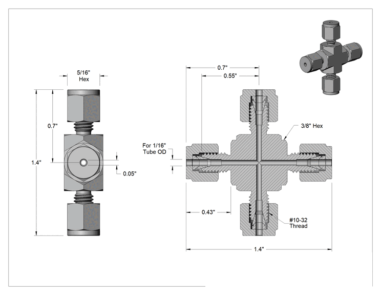 Teknik Çizim - Paslanmaz Çelik Borular için Yor-Lok Bağlantı Elemanı, 1/16" Dış Çaplı Boru için Çapraz Bağlantı Elemanı