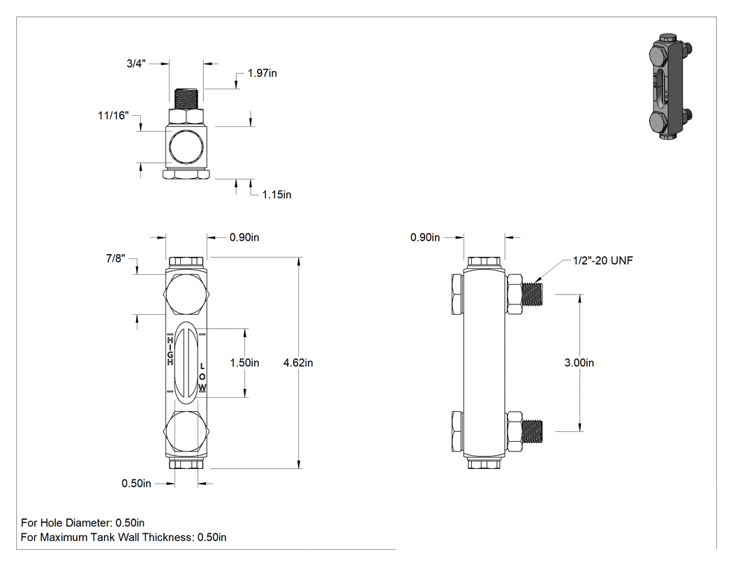 Teknik Çizim - Kimyasal Seviye Göstergesi, Vidalı/Duvardan Geçen, 1/2"-20 UNF, 3" Merkezden merkeze